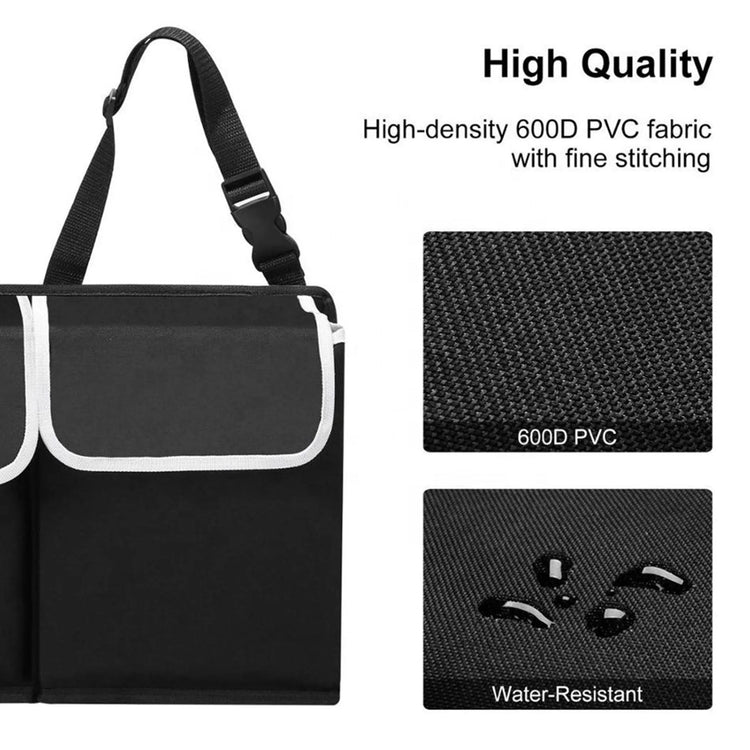 Oxford Cloth Car Storage trunk organiser showing high-density 600D PVC fabric and water-resistant features.