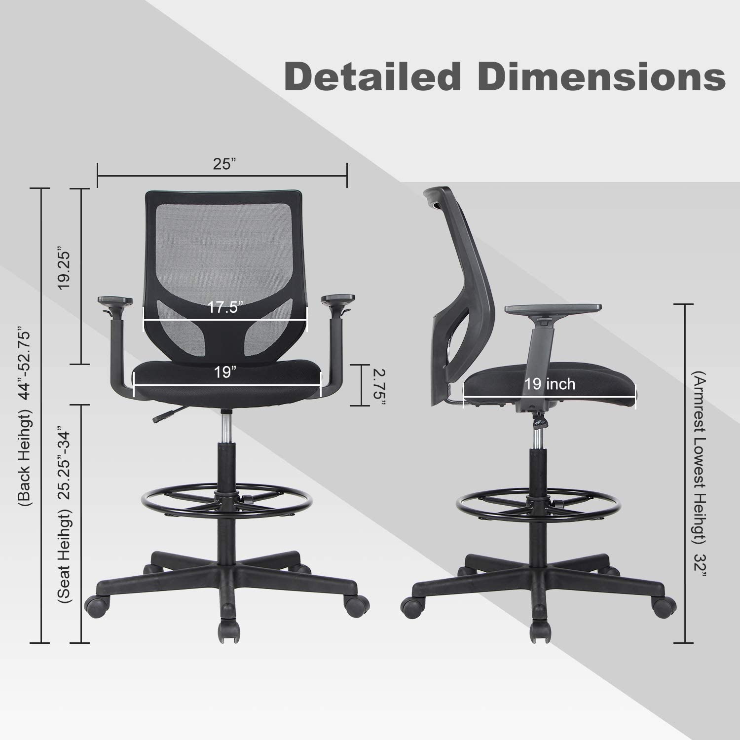 Drafting Chair Tall Office Chair for Standing Desk Drafting Mesh Table Chair with Adjustable Armrest and Foot Ring