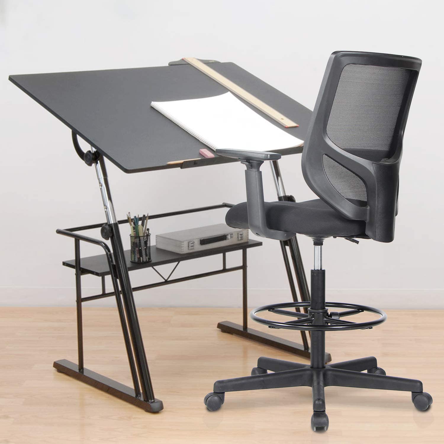 Drafting Chair Tall Office Chair for Standing Desk Drafting Mesh Table Chair with Adjustable Armrest and Foot Ring