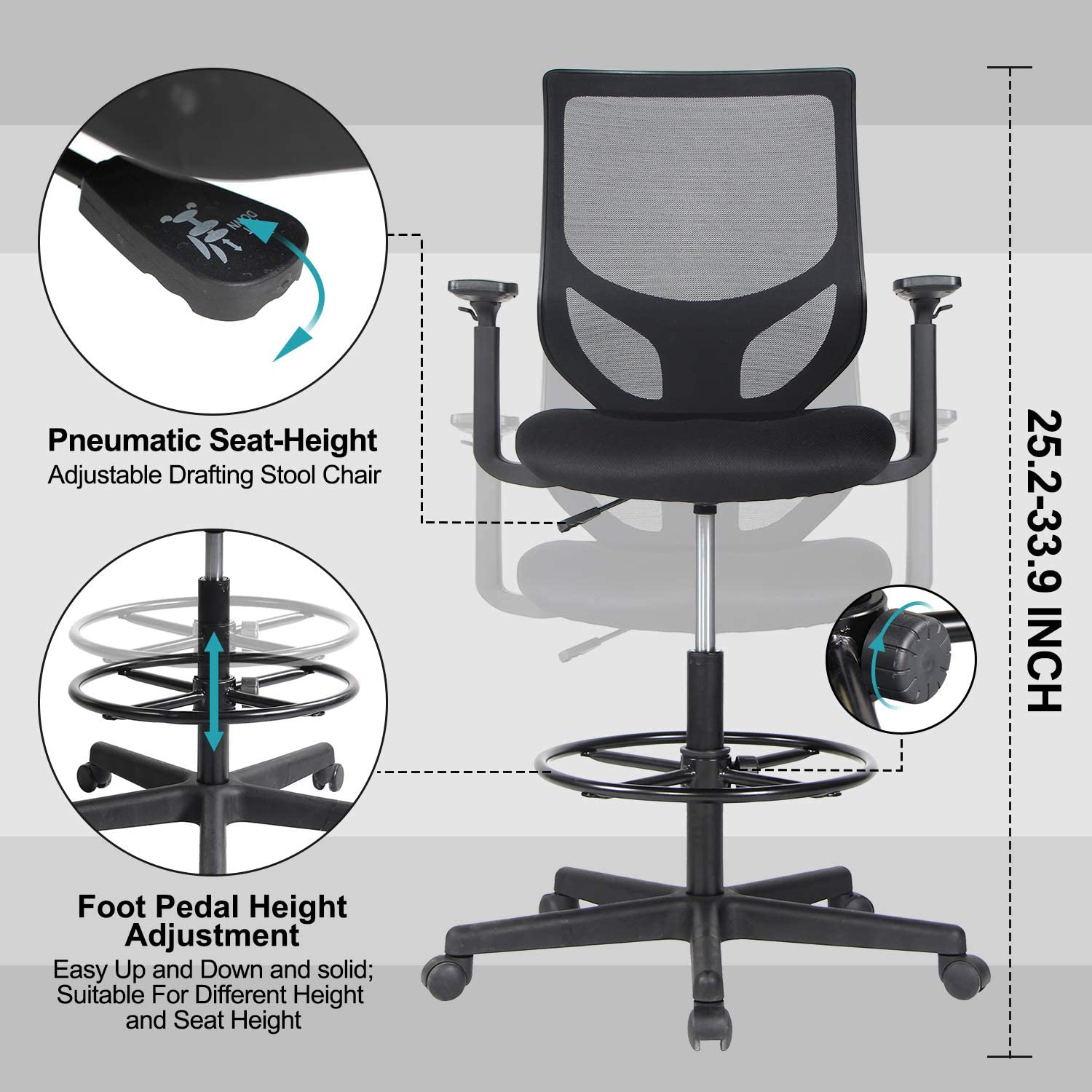 Drafting Chair Tall Office Chair for Standing Desk Drafting Mesh Table Chair with Adjustable Armrest and Foot Ring