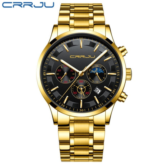 CRRJU Mens Watches Top Brand Luxury Fashion Business Quartz Watch Men Sport Full Steel Waterproof Black Clock Relogio Masculino