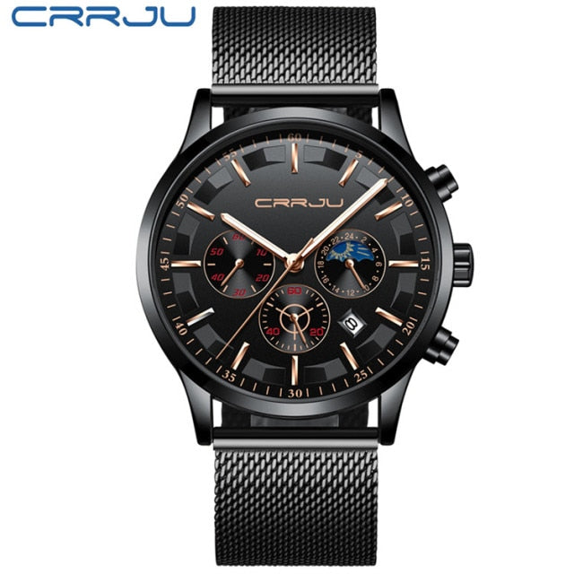 CRRJU Mens Watches Top Brand Luxury Fashion Business Quartz Watch Men Sport Full Steel Waterproof Black Clock Relogio Masculino