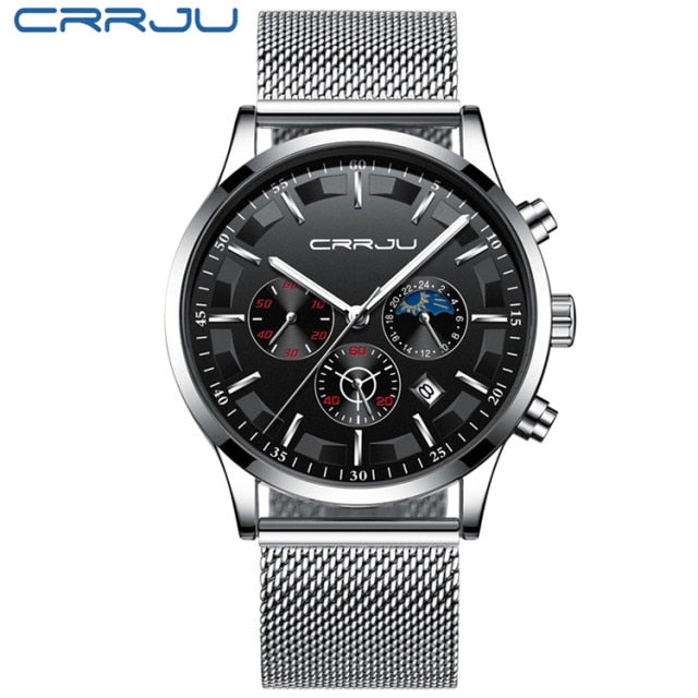 CRRJU Mens Watches Top Brand Luxury Fashion Business Quartz Watch Men Sport Full Steel Waterproof Black Clock Relogio Masculino