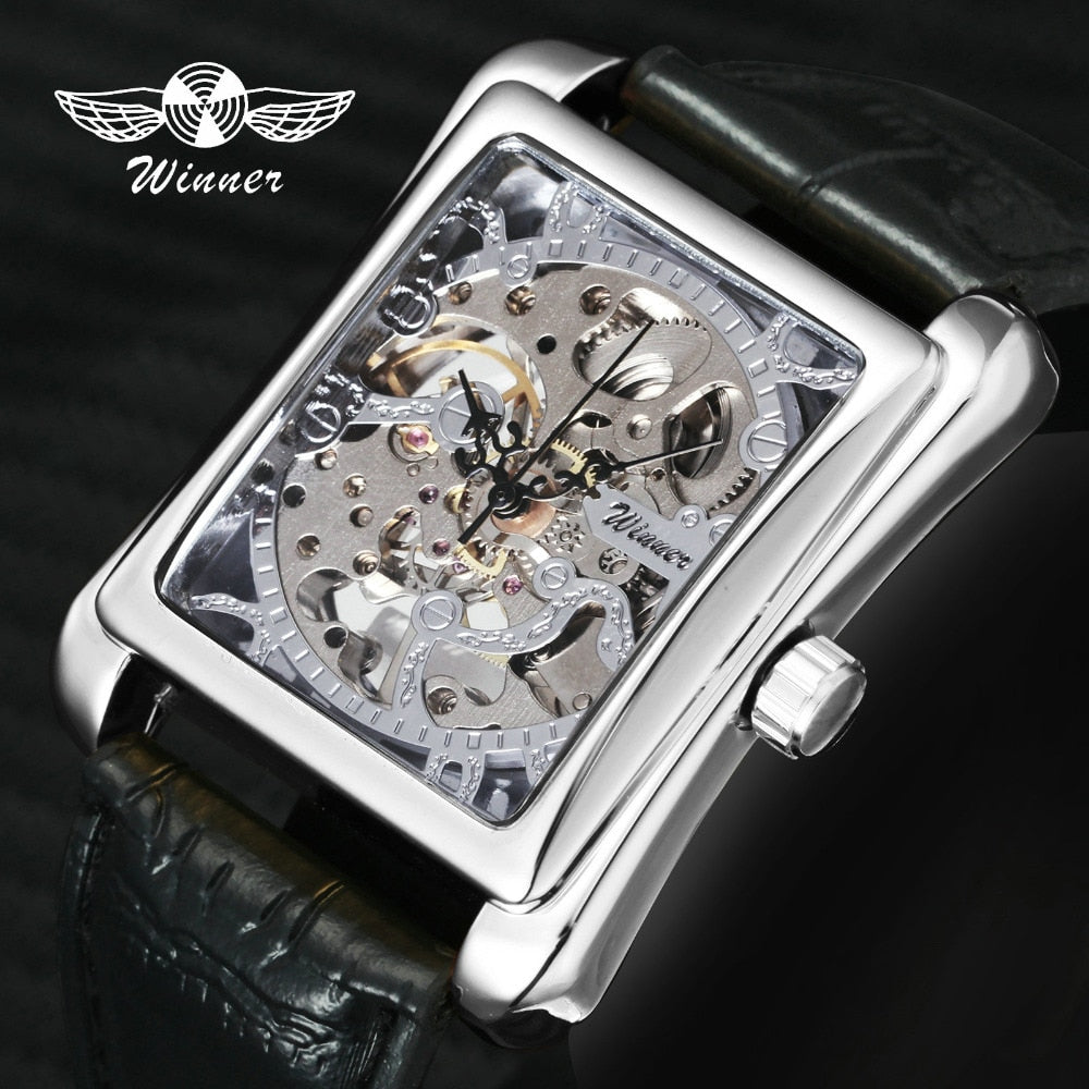 Fashion Unisex Women Watches WINNER Top Brand Luxury Skeleton Mechanical Tonneau Dial Silver Steel Case Leather Ladies Watches