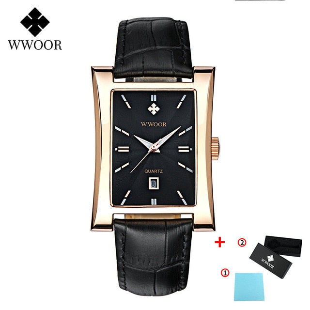 Luxury Men's Square Watches Top Brand WWOOR Business Sport Quartz Clock Man Leather Waterproof Date Wristwatch Relogio Masculino