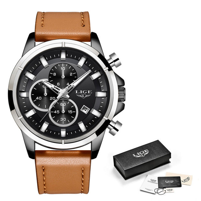 LIGE New Waterproof Chronograph 2020 Business Mens Watches Top brand Luxury Quartz Clock Male Casual Leather Gold Watch Men