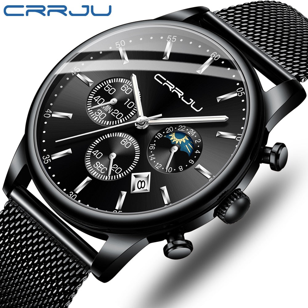 2020 New CRRJU Casual Mesh Belt Fashion Chronograph Quartz Gold Watch Top Brand Luxury Waterproof Date Clock Relogio Masculino