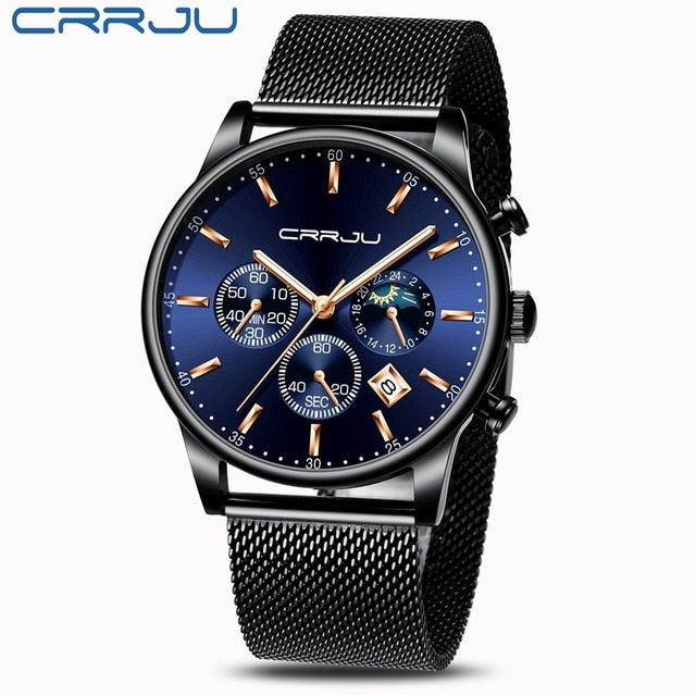 2020 New CRRJU Casual Mesh Belt Fashion Chronograph Quartz Gold Watch Top Brand Luxury Waterproof Date Clock Relogio Masculino