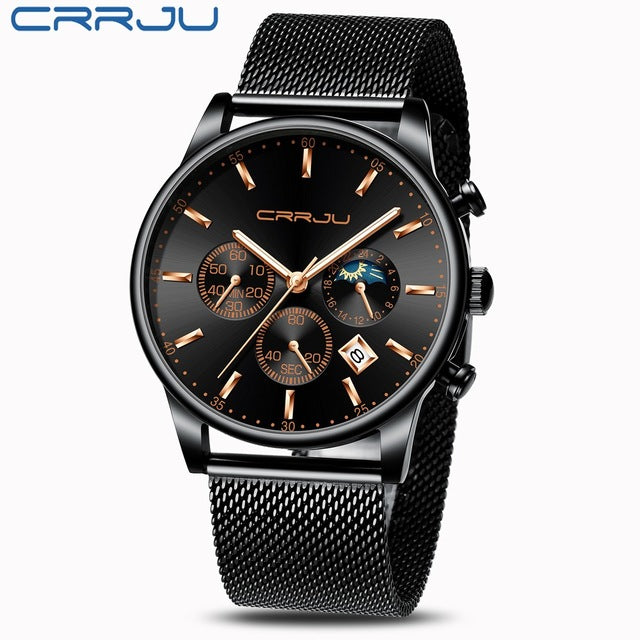 2020 New CRRJU Casual Mesh Belt Fashion Chronograph Quartz Gold Watch Top Brand Luxury Waterproof Date Clock Relogio Masculino