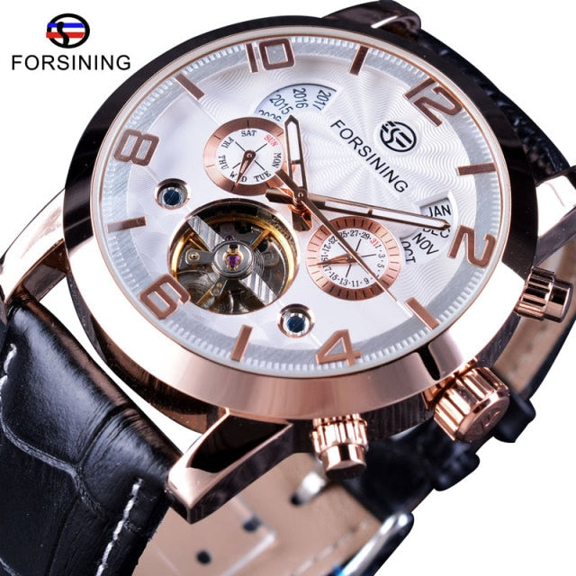 Forsining Tourbillion Fashion Wave Black Golden Clock Multi Function Display Mens Automatic Mechanical Watches Top Brand Luxury