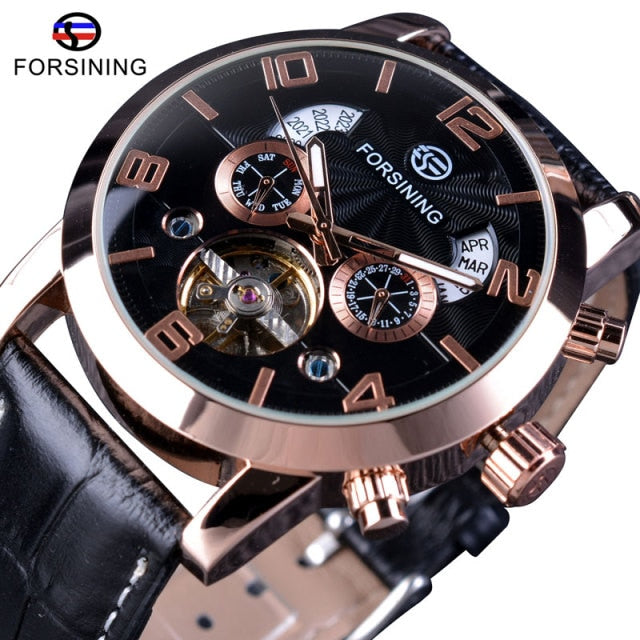 Forsining Tourbillion Fashion Wave Black Golden Clock Multi Function Display Mens Automatic Mechanical Watches Top Brand Luxury