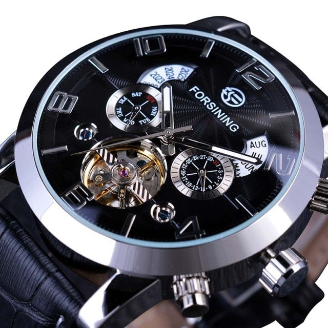 Forsining Tourbillion Fashion Wave Black Golden Clock Multi Function Display Mens Automatic Mechanical Watches Top Brand Luxury