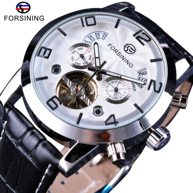 Forsining Tourbillion Fashion Wave Black Golden Clock Multi Function Display Mens Automatic Mechanical Watches Top Brand Luxury