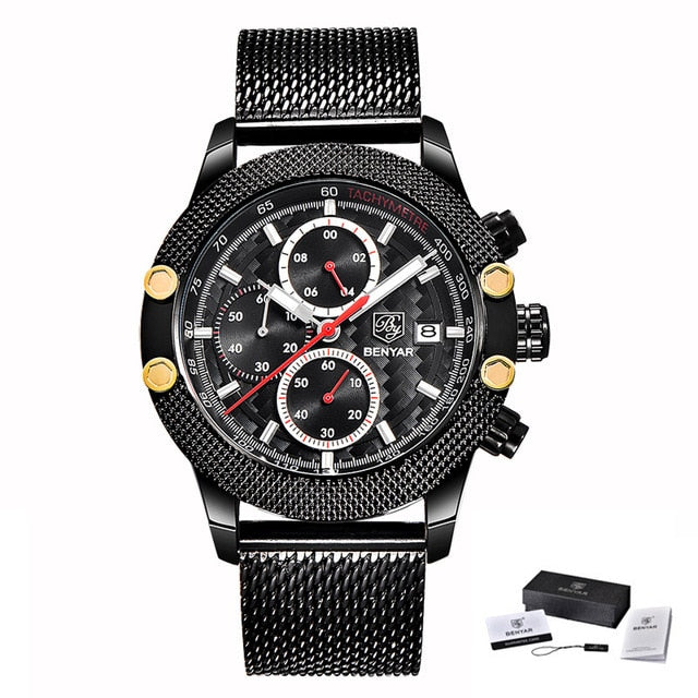 BENYAR Sport Chronograph Fashion Watches Men Mesh & Rubber Band Waterproof Luxury Brand Quartz Watch Gold Saat dropshipping