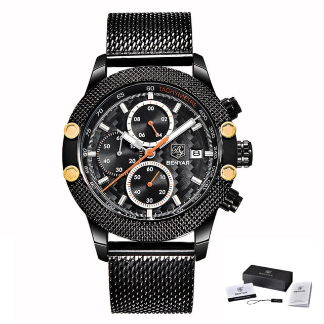 BENYAR Sport Chronograph Fashion Watches Men Mesh & Rubber Band Waterproof Luxury Brand Quartz Watch Gold Saat dropshipping