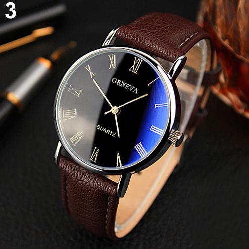 Men Watch Roman Numerals Blu-Ray Faux Leather Band Quartz Analog Business Wrist Watch montre homme часы мужские наручные