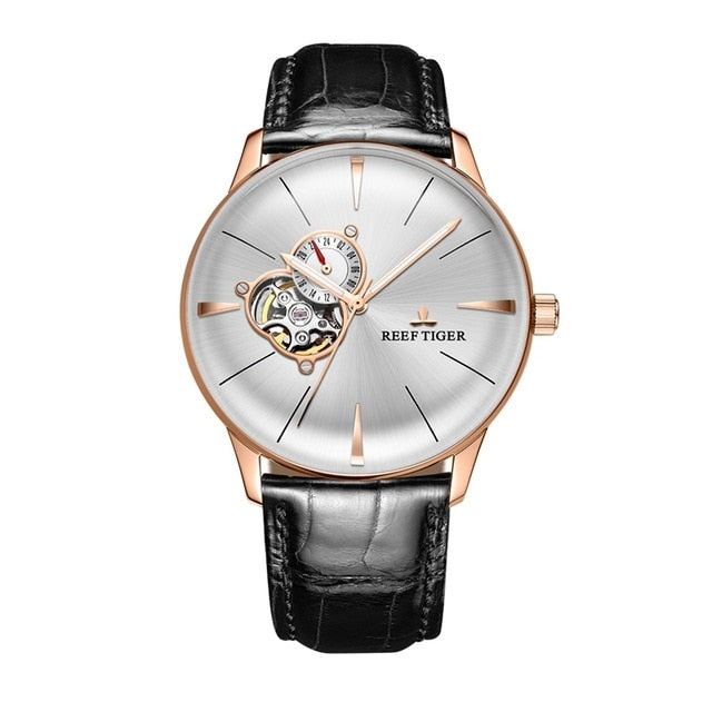 New Reef Tiger/RT Luxury Rose Gold Watch Men's Automatic Mechanical Watches Tourbillon Watches with Brown Leather Strap RGA8239