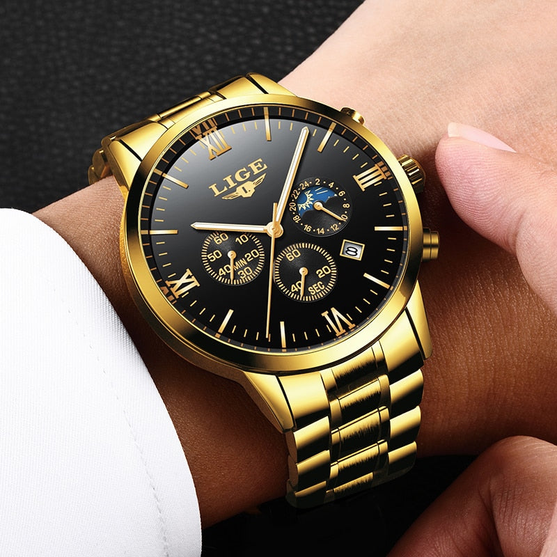 LIGE Mens Watches Top Brand Quartz movement Luxury business Gold watch Military sport waterproof Wrist watch Relogio Masculino