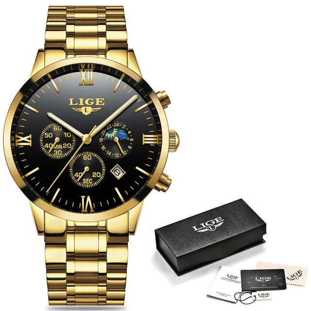 LIGE Mens Watches Top Brand Quartz movement Luxury business Gold watch Military sport waterproof Wrist watch Relogio Masculino