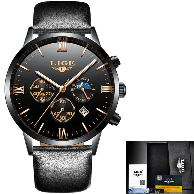 LIGE Mens Watches Top Brand Quartz movement Luxury business Gold watch Military sport waterproof Wrist watch Relogio Masculino