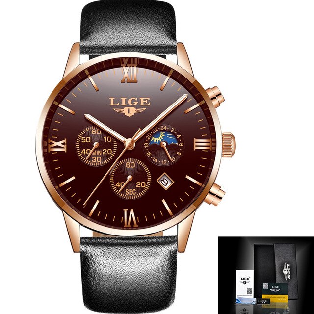 LIGE Mens Watches Top Brand Quartz movement Luxury business Gold watch Military sport waterproof Wrist watch Relogio Masculino