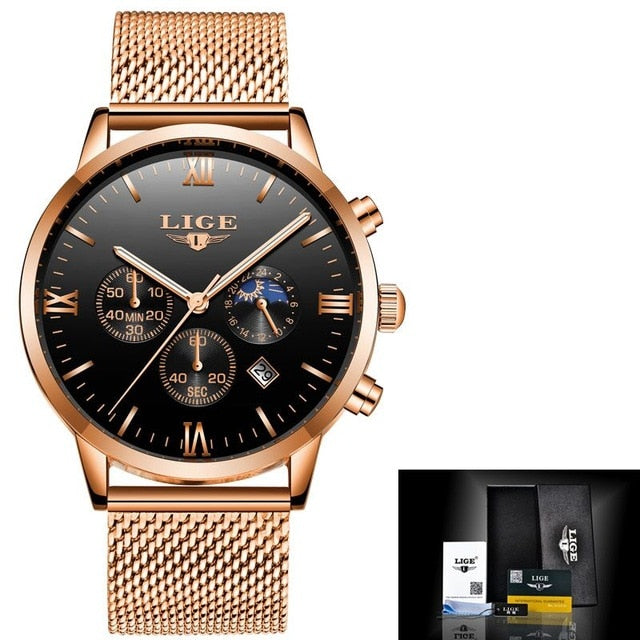 LIGE Mens Watches Top Brand Quartz movement Luxury business Gold watch Military sport waterproof Wrist watch Relogio Masculino