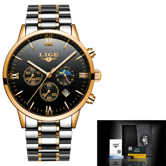 LIGE Mens Watches Top Brand Quartz movement Luxury business Gold watch Military sport waterproof Wrist watch Relogio Masculino