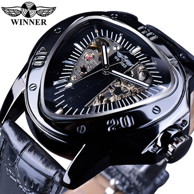 Winner Steampunk Fashion Triangle Golden Skeleton Movement Mysterious Men Automatic Mechanical Wrist Watches Top Brand Luxury