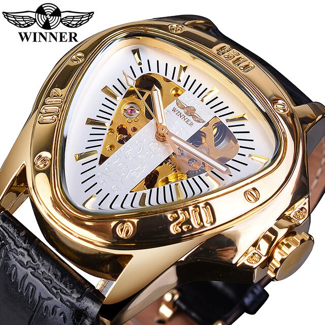 Winner Steampunk Fashion Triangle Golden Skeleton Movement Mysterious Men Automatic Mechanical Wrist Watches Top Brand Luxury