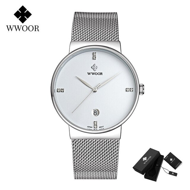 WWOOR 2020 Luxury Diamond Wrist Watches Mens Fashion Ultra-thin Steel Mesh Men Watch Business Quartz Date Male Clock Waterproof