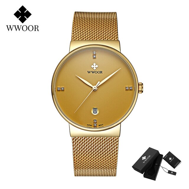 WWOOR 2020 Luxury Diamond Wrist Watches Mens Fashion Ultra-thin Steel Mesh Men Watch Business Quartz Date Male Clock Waterproof