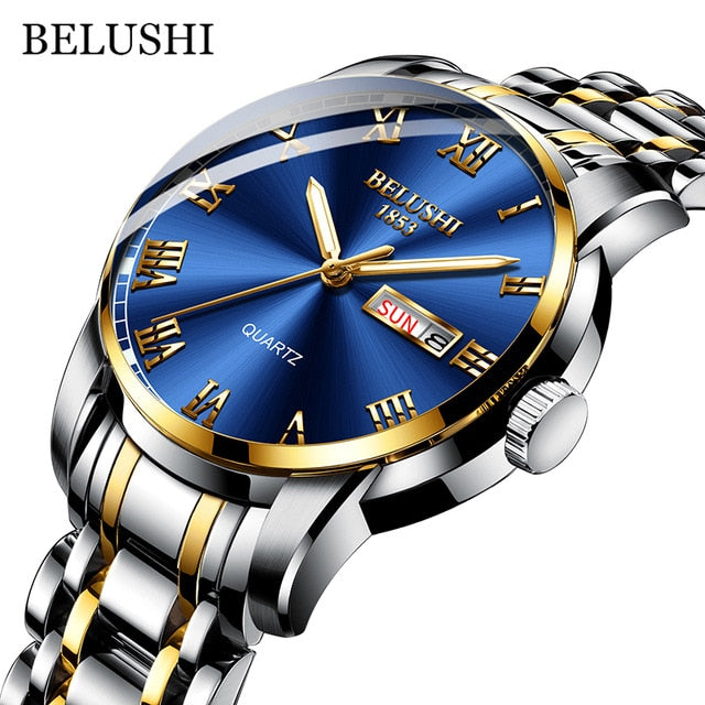 BELUSHI Top Brand Watch Men Stainless Steel Business Date Clock Waterproof Luminous Watches Mens Luxury Sport Quartz Wrist Watch