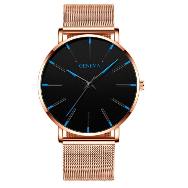 2021 Geneva Minimalist Watch Men Ultra Thin Blue Stainless Steel Mesh Belt Watches Man Business Casual Quartz Wrist Watch