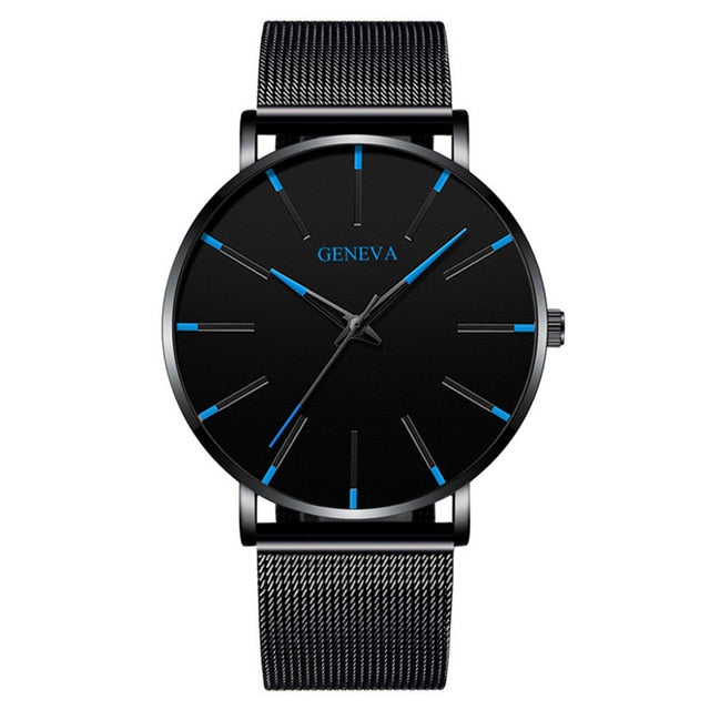 2021 Geneva Minimalist Watch Men Ultra Thin Blue Stainless Steel Mesh Belt Watches Man Business Casual Quartz Wrist Watch