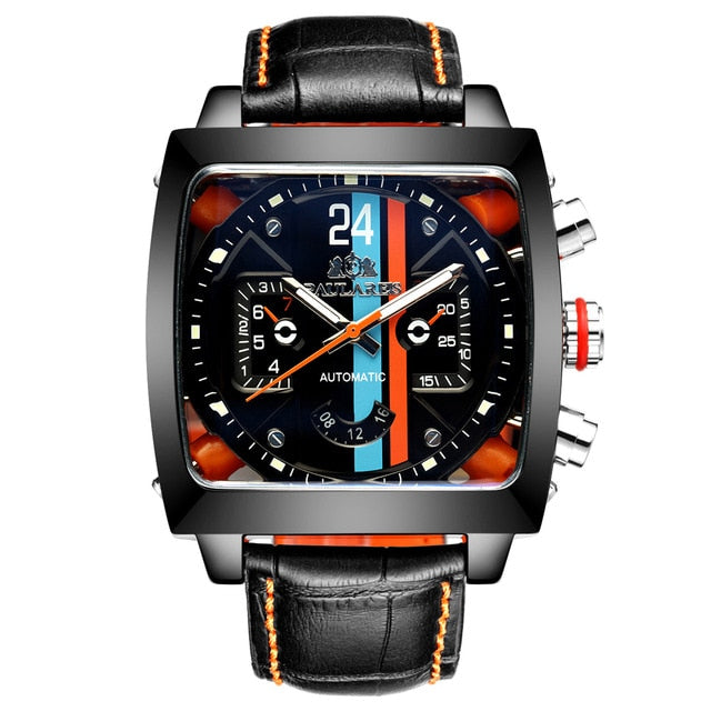 Automatic Self Wind Mechanical Genuine Leather Stainless Steel Black Orange Blue Casual Perspective See Through Men Watch