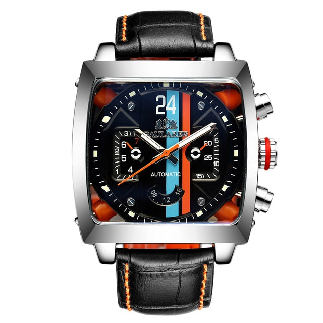 Automatic Self Wind Mechanical Genuine Leather Stainless Steel Black Orange Blue Casual Perspective See Through Men Watch