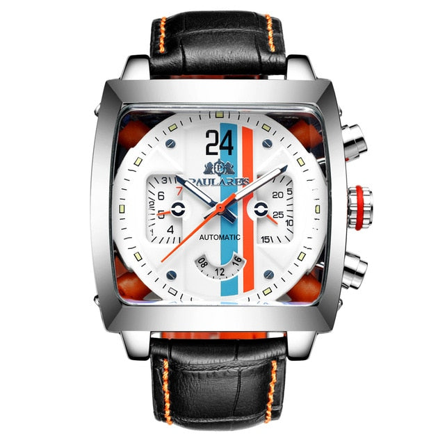 Automatic Self Wind Mechanical Genuine Leather Stainless Steel Black Orange Blue Casual Perspective See Through Men Watch