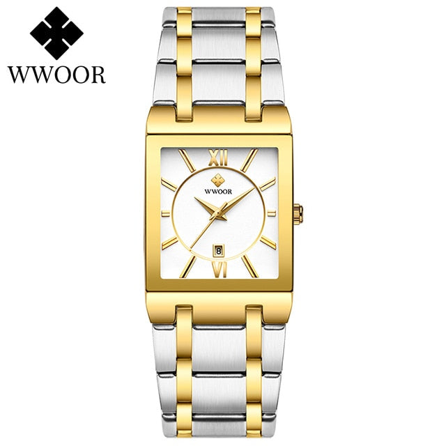 WWOOR Brand Luxury Gold Bracelet Men's Watches Fashion Square Quartz Wrist Watch For Men Stainless Steel Waterproof Reloj Hombre