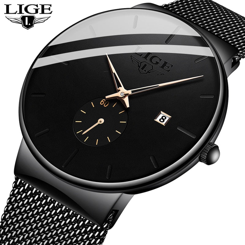 LIGE 2021 Fashion Mens Watches Top Brand Luxury Quartz Watch Men Casual Slim Mesh Steel Waterproof Sport Watch Relogio Masculino