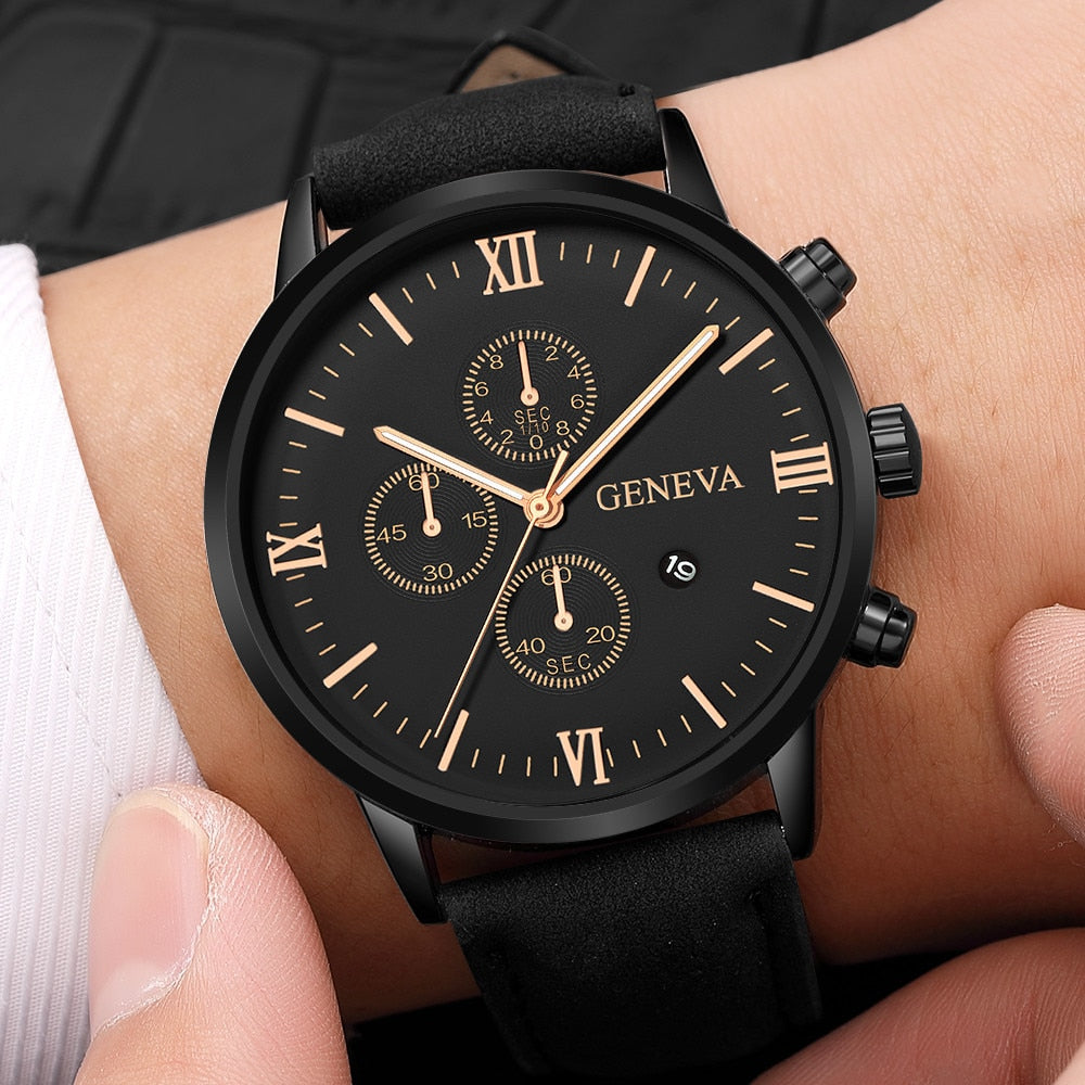 GENEVA Watch Men Business Leather Analog Quartz Wristwatch With Calendar Sport Men's Watch Male Clock relogio masculino 2020 New