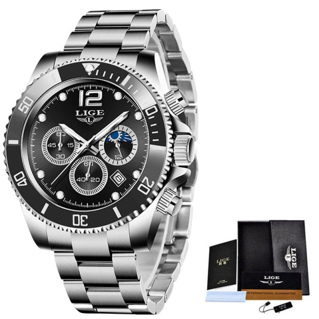 LIGE Watches Mens Top Brand Luxury Clock Casual Stainless Steel 24Hour Moon Phase Men Watch Sport Waterproof Quartz Chronograph