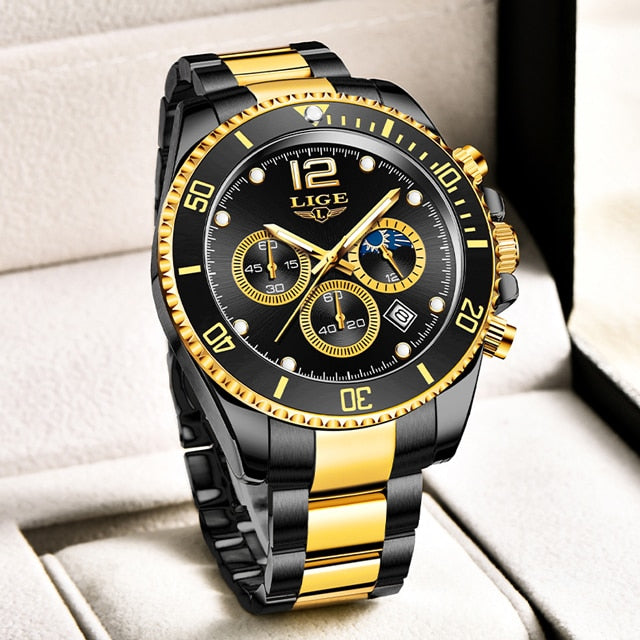 LIGE Watches Mens Top Brand Luxury Clock Casual Stainless Steel Hour Luminous Men Watch Waterproof Sports Quartz Chronograph+Box