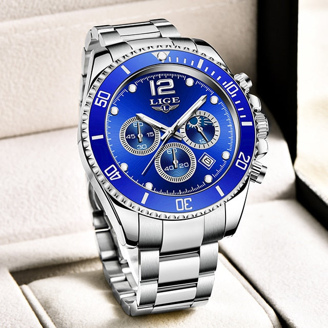 LIGE Watches Mens Top Brand Luxury Clock Casual Stainless Steel Hour Luminous Men Watch Waterproof Sports Quartz Chronograph+Box