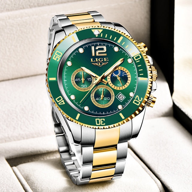 LIGE Watches Mens Top Brand Luxury Clock Casual Stainless Steel Hour Luminous Men Watch Waterproof Sports Quartz Chronograph+Box