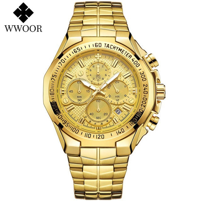 WWOOR 2021 New Men Watches Top Brand Luxury Gold Stainless Steel Quartz Watch Men Waterproof Sport Chronograph Relogio Masculino