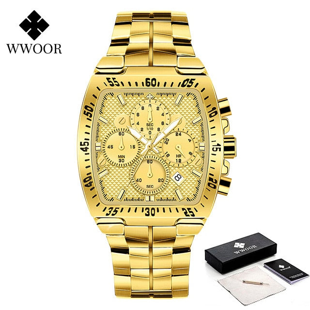 WWOOR Men Chronograph Sport Watches For Men Fashion Square Top Brand Luxury Stainless Steel Waterproof Quartz Watch reloj hombre