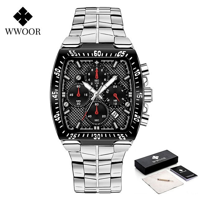 WWOOR Men Chronograph Sport Watches For Men Fashion Square Top Brand Luxury Stainless Steel Waterproof Quartz Watch reloj hombre