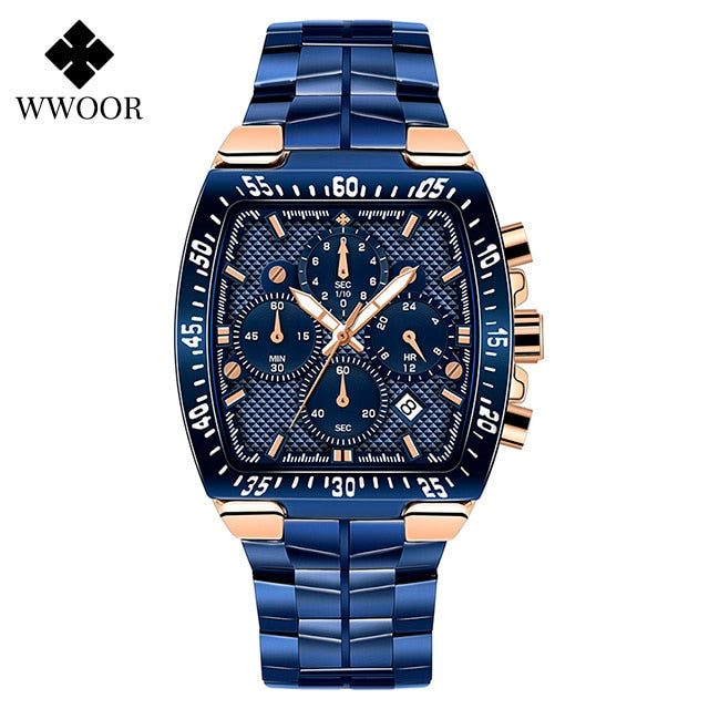 WWOOR Men Chronograph Sport Watches For Men Fashion Square Top Brand Luxury Stainless Steel Waterproof Quartz Watch reloj hombre