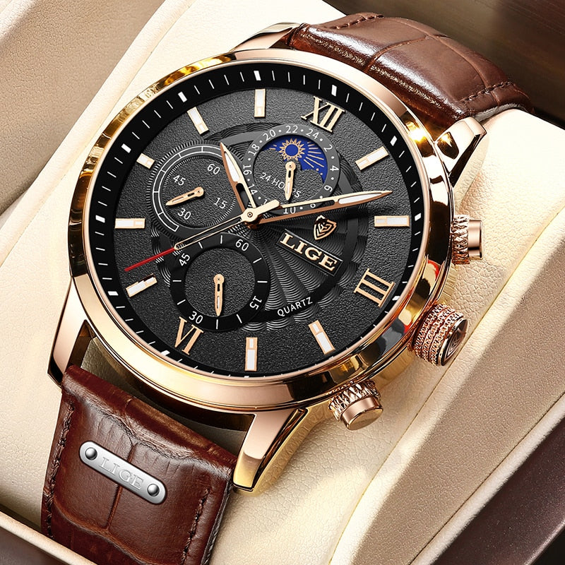 2021 LIGE Men's Watches Top Brand Luxury Men Wrist Watch Leather Quartz Watch Sports Waterproof Male Clock Relogio Masculino+Box