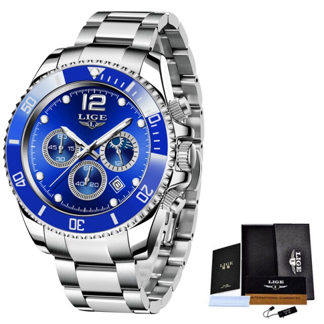 LIGE 2021 mens watches top brand luxury fashion business watch men's stainless steel waterproof Wristwatch Relogio Masculino+Box